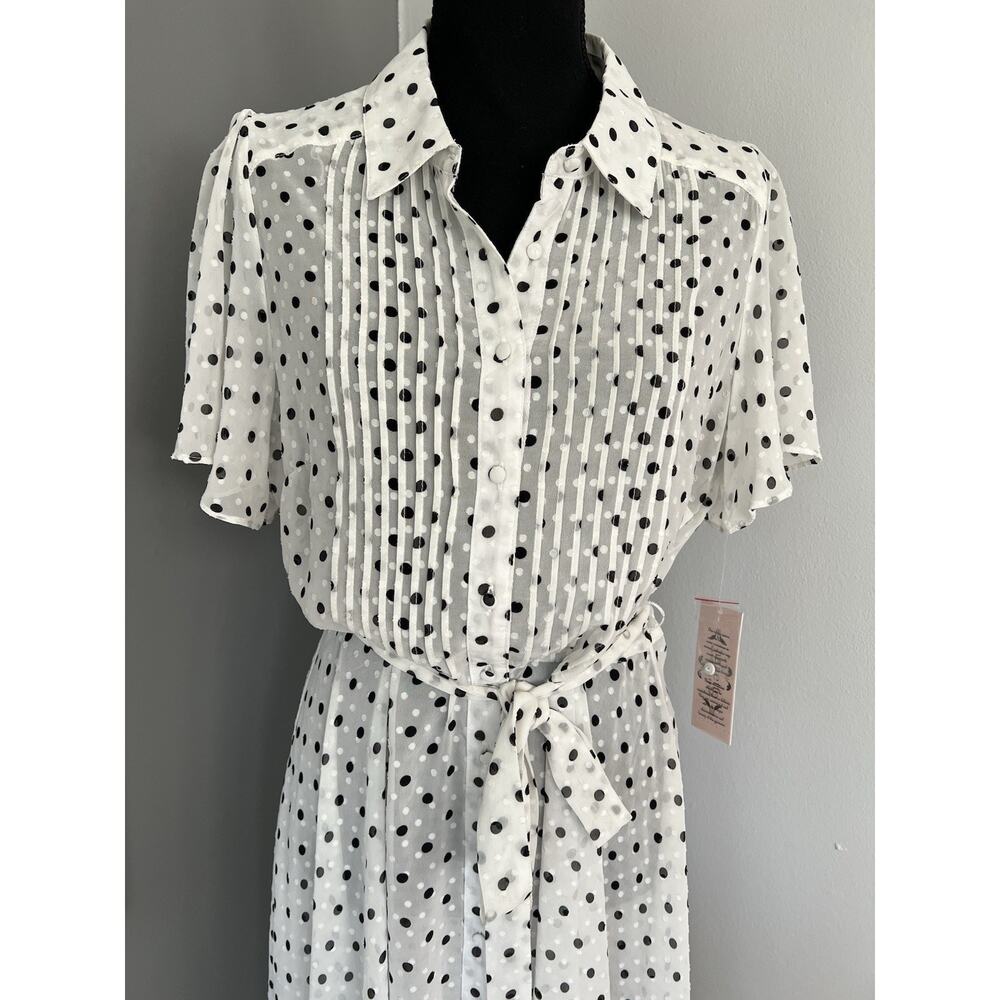 Nanette Lepore White Polka Dot Midi Dress Size 10 Sheer Tie Waist Classic READ